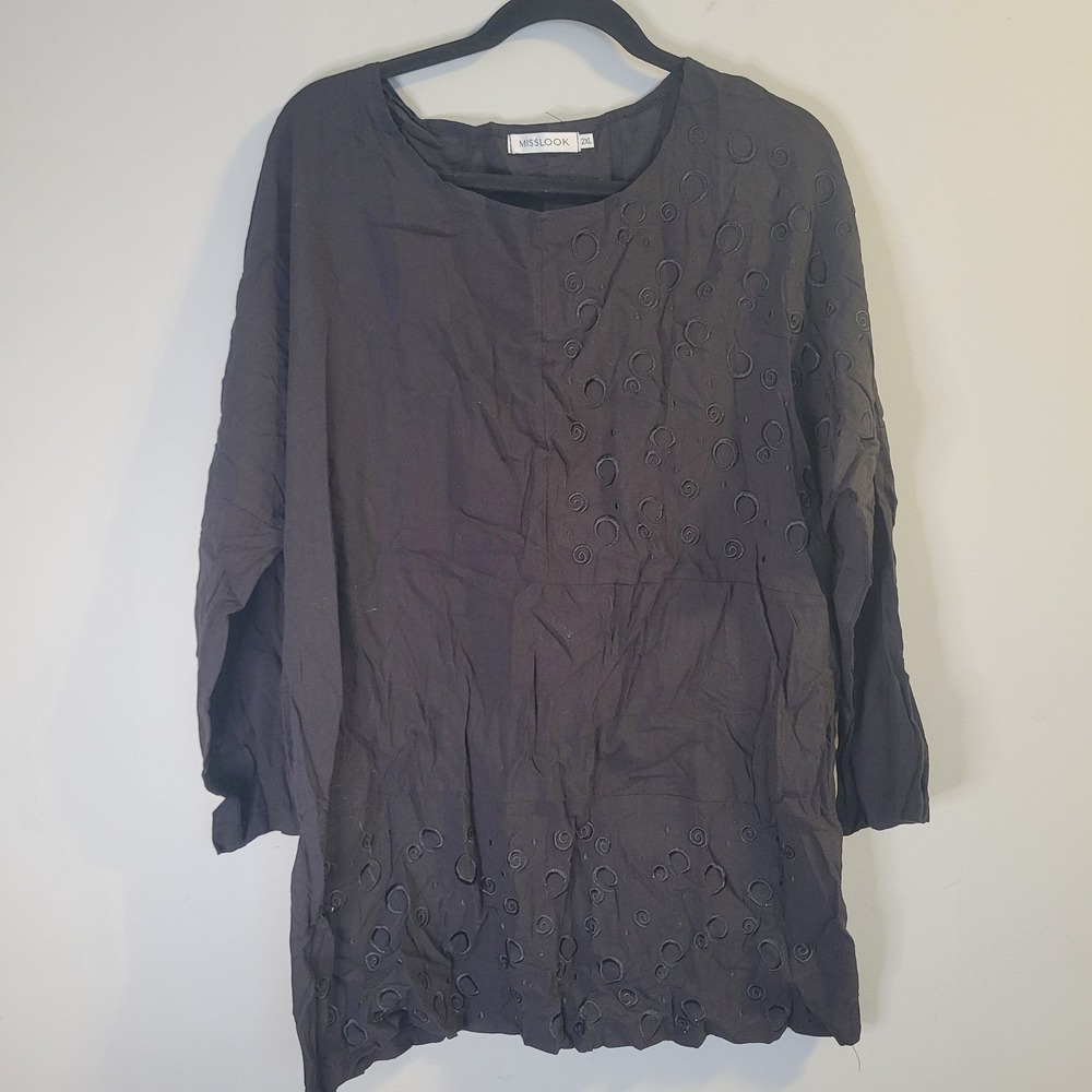 MISSLOOK Womens 2XL Black Embroidered Eyelet Tunic Top Long Sleeve